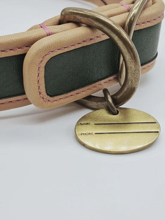 Coach Green and Natural Leather Dog Collar with Brass Medallion - Picture 6 of 9
